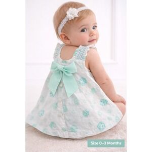 Maggie & Zoe Baby Girl Dress Mint Polka Dot Cotton Bow 0-3 Months